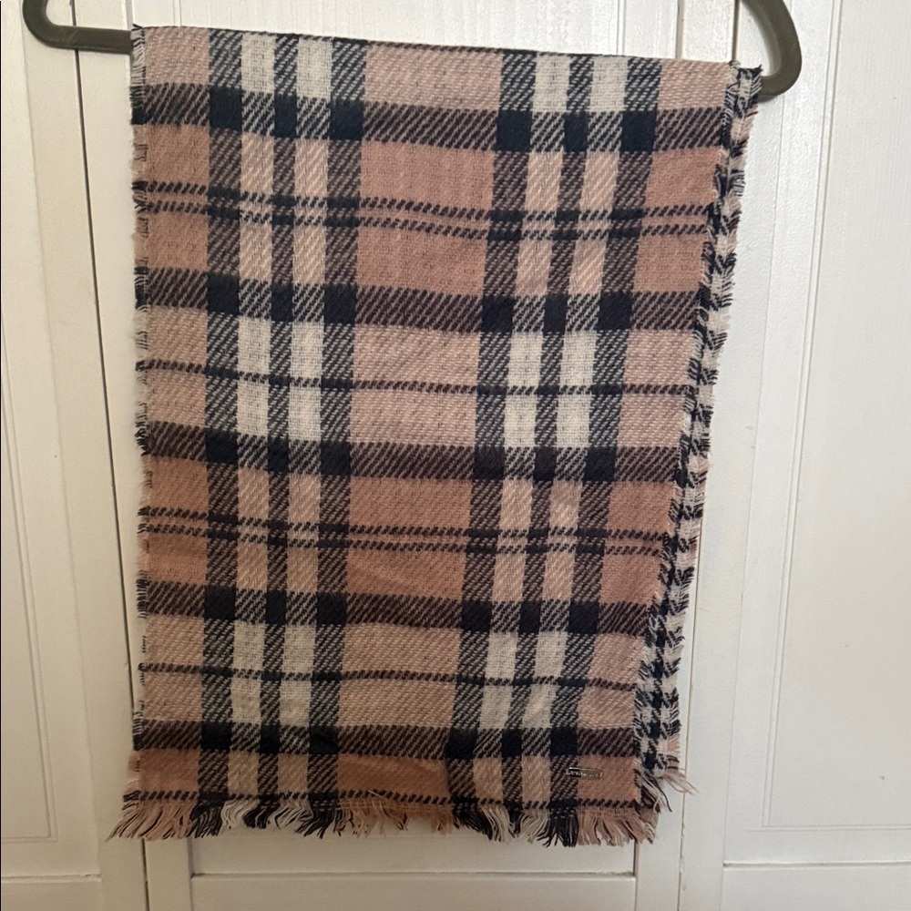 Steve Madden Plaid Fringe Scarf in Beige, Black & Cream